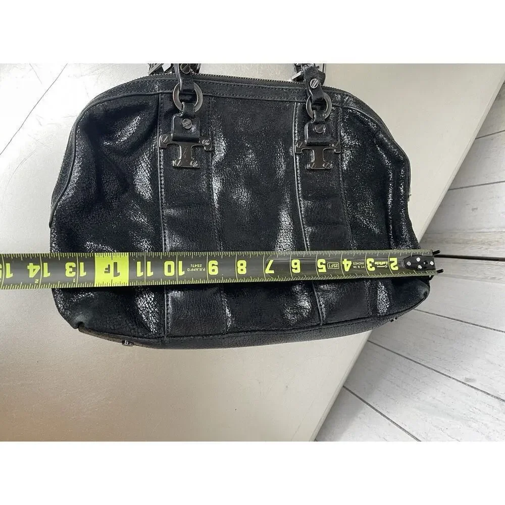 Tory Burch Black Sheen Crackle Leather Top Handle Bag Chunky Hardware Y2K